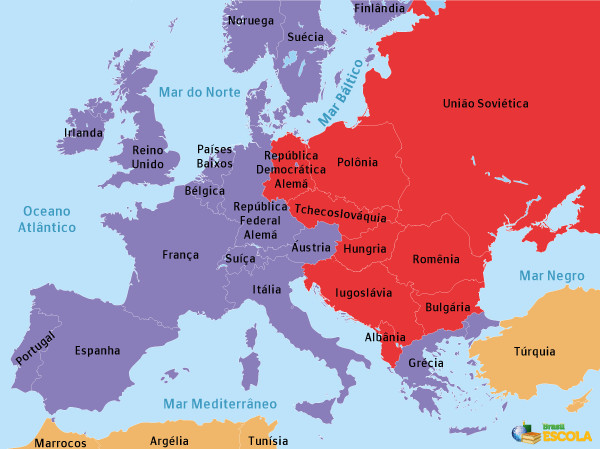 Mapa do continente europeu durante a Guerra Fria, com as nações socialistas da cortina de ferro (em vermelho) e os países capitalistas (em roxo). [1]