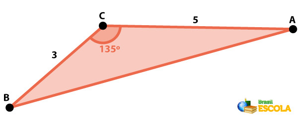 Triângulo com indicação da medida de dois dos seus lados e de um ângulo interno, no qual se usará a lei dos cossenos.