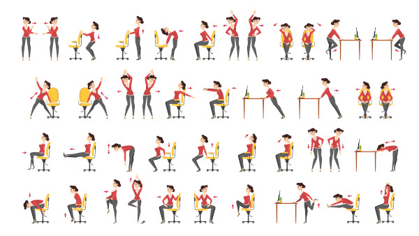 Ilustração de uma mulher realizando diferentes tipos de alongamento durante uma sessão de ginástica laboral.