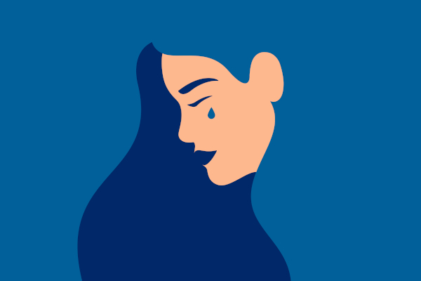 Ilustração, em tons de azul, de uma mulher triste em uma questão sobre as cores em inglês (colors).