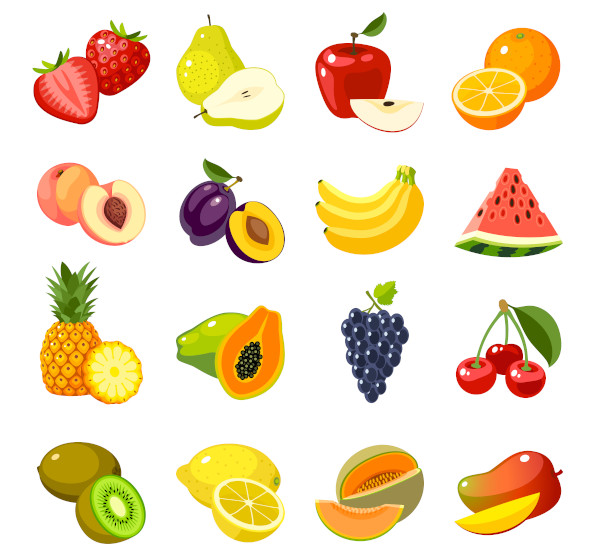 Diversas frutas em fundo branco.