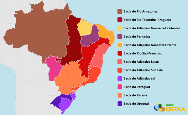 Mapa das bacias hidrográficas brasileiras.
