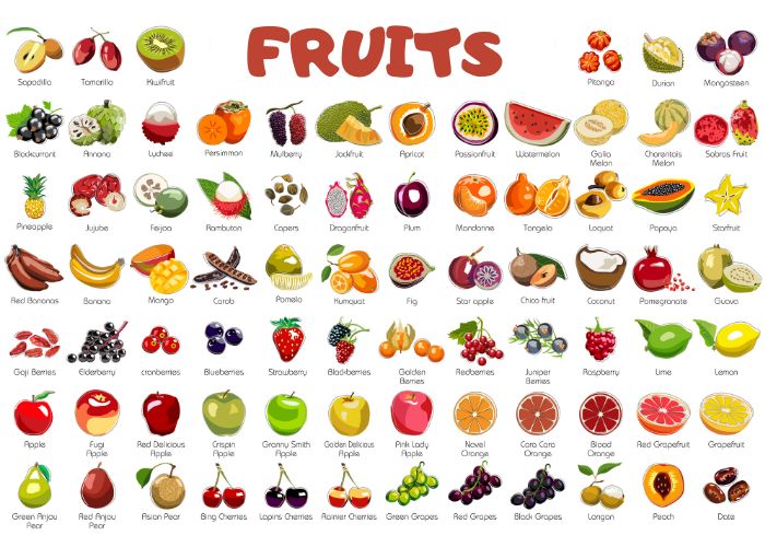Lista com nomes de frutas em inglês.