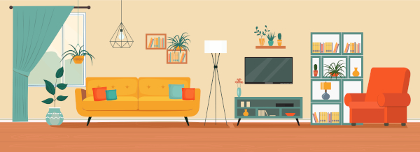 Ilustração de parte interna de sala de estar e TV.