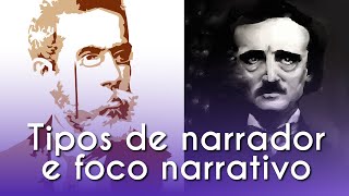 Machado de Assis e Edgar Allan Poe ao lado do escrito"Tipos de narrador e foco narrativo".
