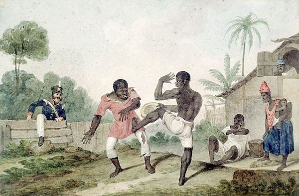 Praticantes de capoeira no Rio de Janeiro, retratados em pintura do artista Augustus Earle. 