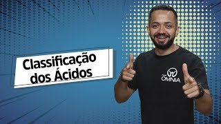 "Classificações dos Ácidos" escrito sobre fundo azul ao lado da imagem do professor