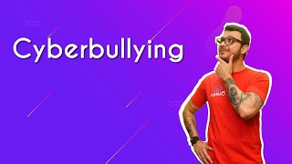 "Cyberbullying" escrito sobre fundo roxo ao lado da imagem do professor