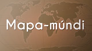 Texto"Mapa-múndi" próximo a ilustração do Mapa-múndi em fundo marrom.