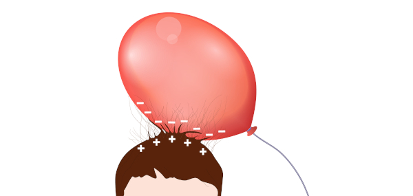 Balão atritado pelo cabelo, um exemplo de funcionamento da série triboelétrica.
