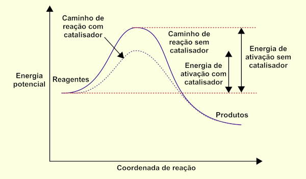 Gráfico mostrando como a presença do catalisador é um dos fatores que alteram a velocidade das reações químicas.