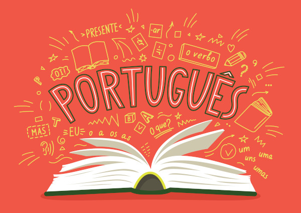 Imagem conceitual traz livro aberto e, acima dele, a palavra “português”, em referência à gramática da língua portuguesa.
