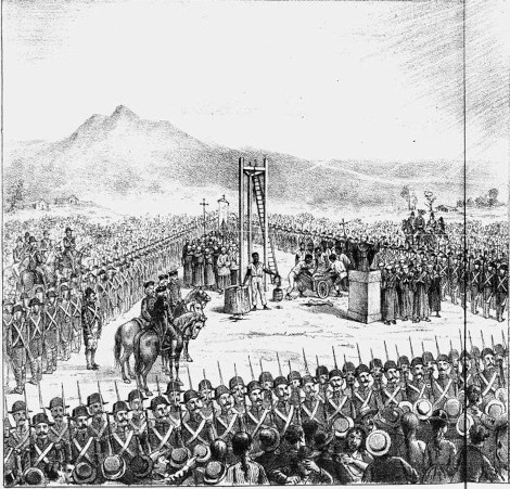 Reconstrução do momento em que Tiradentes foi esquartejado e sua cabeça foi exposta à multidão que assistia à execução.