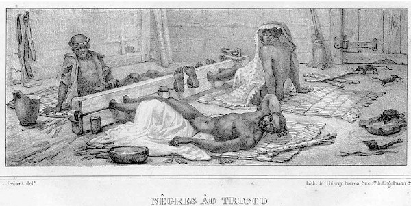 Desenho retratando negros escravizados presos pelas mãos e pelos pés dentro de uma senzala.