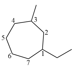 Estrutura utilizada na nomenclatura do hidrocarboneto 1-etil-3-metilciclo-heptano, um cicloalcano.