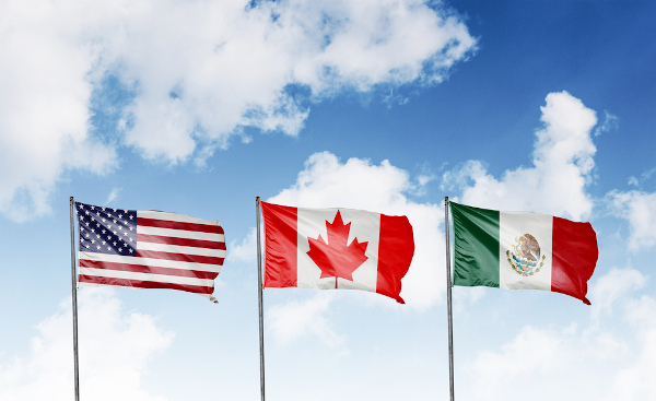 Bandeira dos países da América do Norte que faziam parte do Nafta: Canadá, Estados Unidos e México.