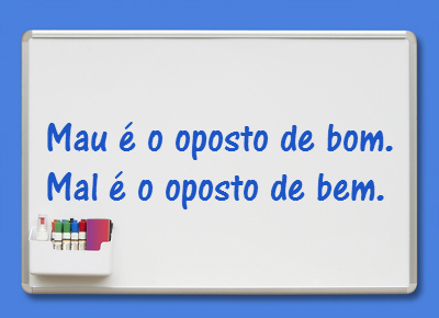  Ilustração de dois balões de fala com escritos resumindo a diferença entre “mau” com “u” e “mal” com “l”.