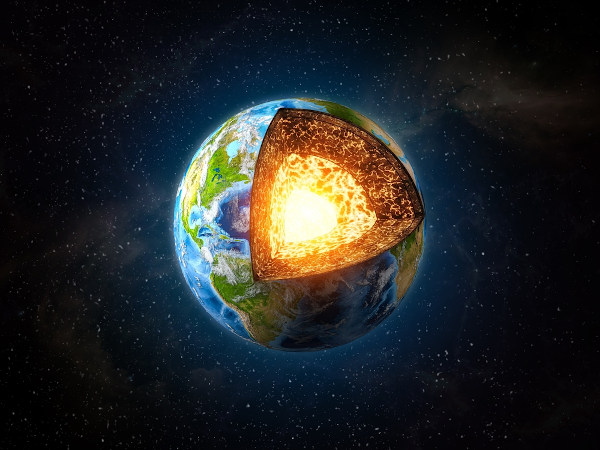 Ilustração 3D das camadas da Terra, mostrando a crosta, o manto terrestre e o núcleo.