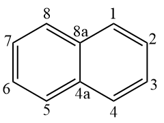 Numeração fixa do naftaleno, utilizada na nomenclatura desse hidrocarboneto aromático.