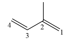 Numeração para a estrutura do isopreno, um hidrocarboneto, para indicação de sua nomenclatura segundo a Iupac.