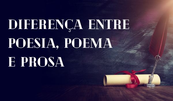 Caneta tinteiro e um rolo de papel próximo ao escrito “diferença entre poesia, poema e prosa”.