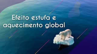 Escrito"Efeito estufa e aquecimento global" sobre a imagem de um urso polar sobre um pedaço de geleira que se soltou.