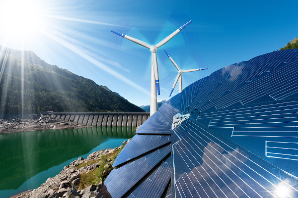 Hidrelétrica, painel solar e turbinas eólicas, exemplos de fontes renováveis de energia elétrica.