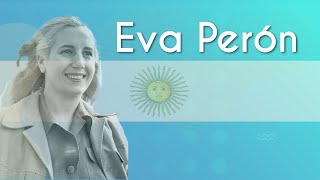 Escrito"Eva Perón" sobre bandeira da Argentina ao lado da imagem de Eva Perón.