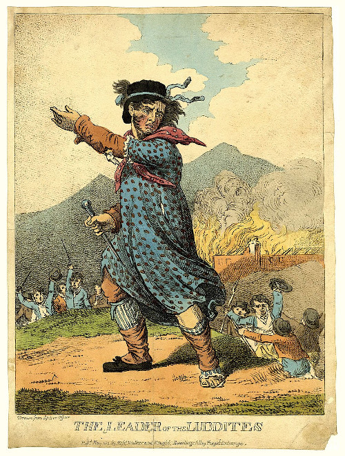 Gravura “O líder dos ludistas”, publicada em 1812, representando Ned Ludd, o líder do ludismo.