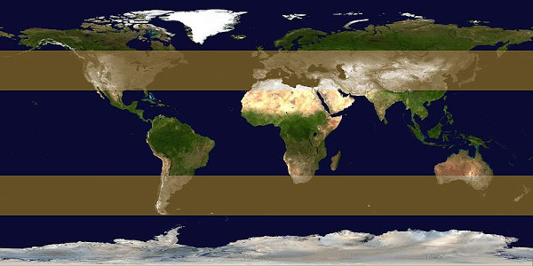 Mapa-múndi indicando as áreas de ocorrência dos ciclones extratropicais.