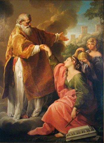 São Marino levantando uma mulher retratado na pintura de Pompeo Batoni.