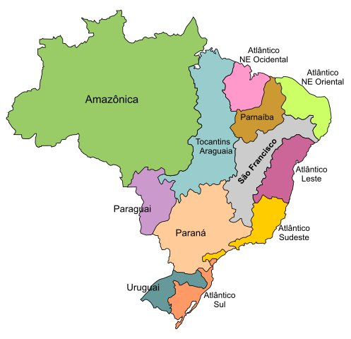 Mapa das regiões hidrográficas brasileiras, aspecto da geografia do Brasil.