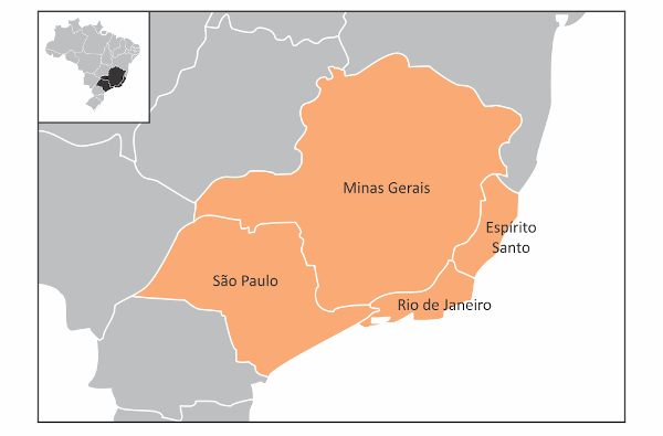 Mapa dos estados do Sudeste e pequeno mapa do Brasil indicando sua localização.