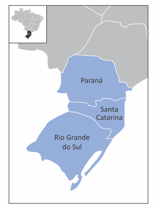 O mapa em detalhe indica a localização dos estados do Sul no território brasileiro.