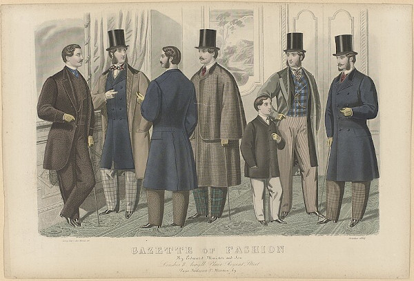 Gravura mostrando o estilo de roupa masculina da moda na era vitoriana.
