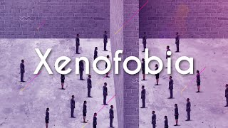 "Xenofobia" escrito sobre ilustração de diversas pessoas divididas por um muro.