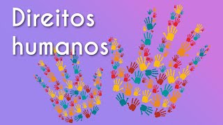 Ilustração de pequenas mãos formando duas mãos maiores ao lado do escrito"Direitos Humanos".