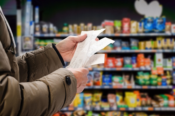 Consumidor segurando um cupom fiscal em alusão à reforma tributária.