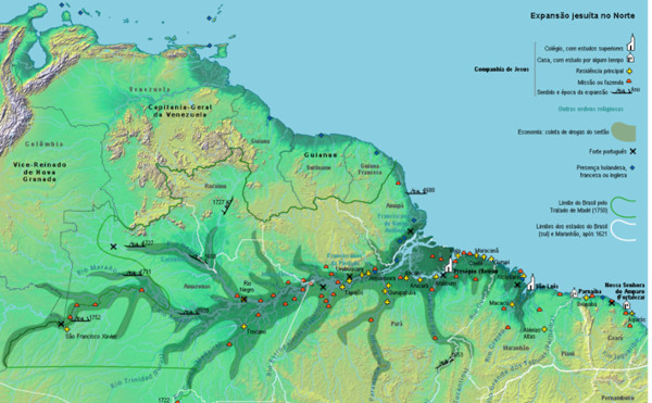 Mapa das missões da Companhia de Jesus na região da Amazônia.