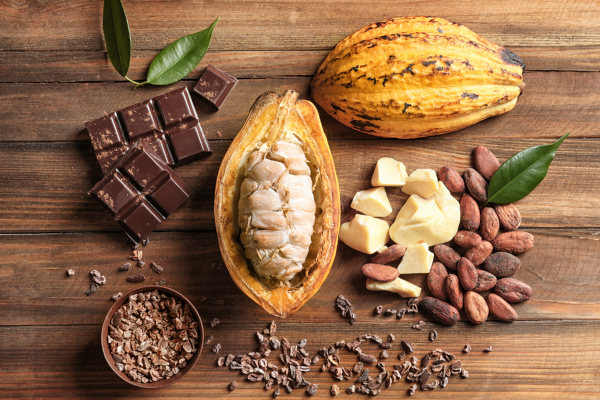 Fruto de cacau aberto e, ao redor, produtos derivados dele, como o chocolate.