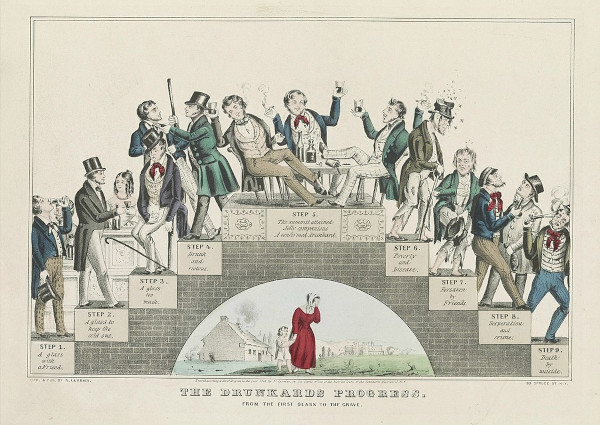 Várias etapas da embriaguez em cartaz contra o alcoolismo, da época da Lei Seca nos Estados Unidos.