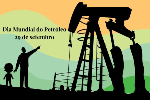 Pai mostrando uma máquina de extração de petróleo para o filho abaixo do escrito “29 de setembro — Dia Mundial do Petróleo”.