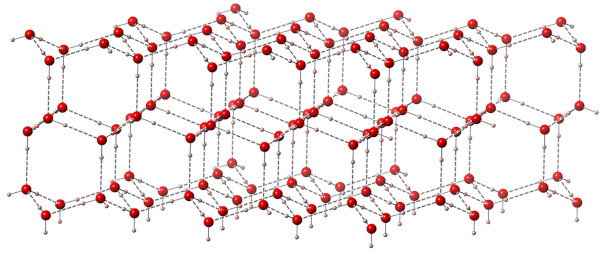 Representação do arranjo hexagonal da estrutura cristalina do gelo.