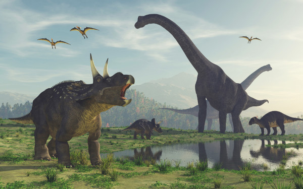 Imagem representativa dos dinossauros, que surgiram e foram extintos na Era Mesozoica.