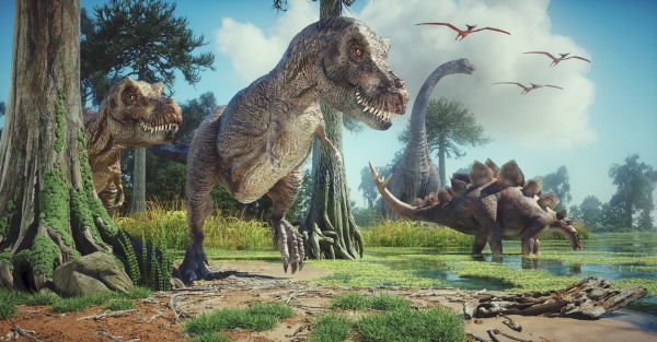 Ilustração de diferentes espécies de dinossauros, que surgiram no Jurássico, um dos períodos da Era Mesozoica.