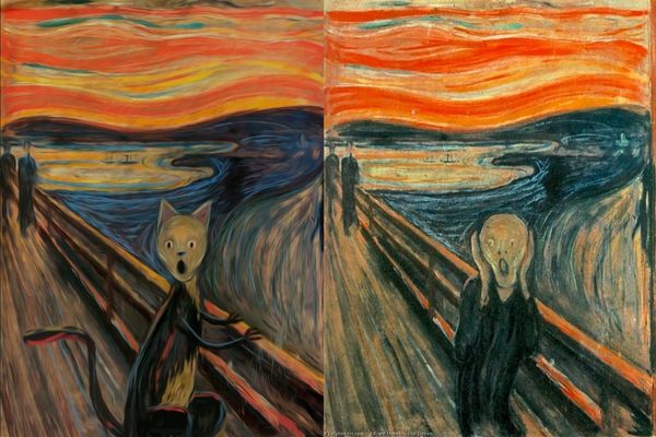 Ilustração que parafraseia o quadro O grito ao lado do quadro original em si.