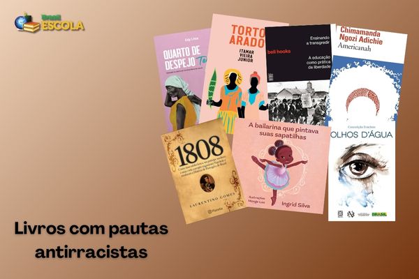 Fundo marrom, imagens das capas dos livros sugeridos na matéria, texto Livros com pautas antirracistas