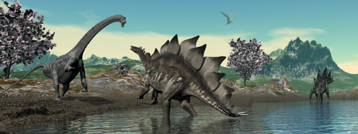 Representação gráfica dos branquiossauros e dos estegossauros, exemplos de dinossauros comuns no Período Jurássico.