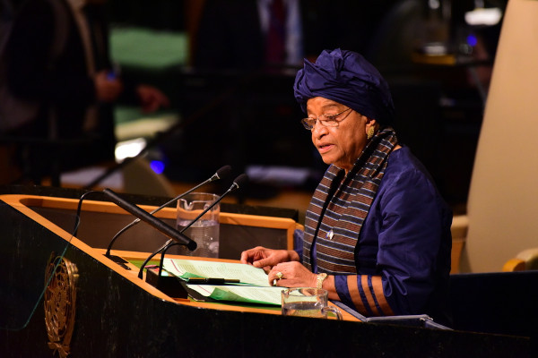 Ellen Johnson Sirleaf em discurso na Assembleia Geral da ONU. 
