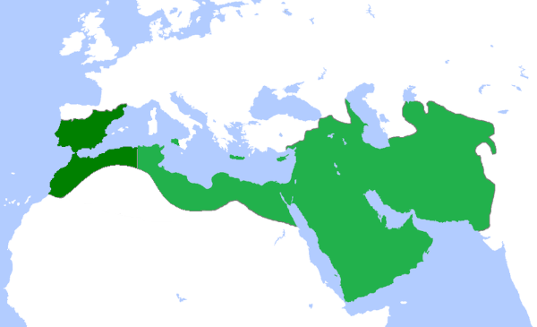 Mapa mostrando a extensão máxima do Califado Abássida no século VIII, um dos principais califados que existiu.